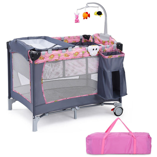 Foldable 2 Color Baby Crib Playpen Playard-Pink - Color: Pink