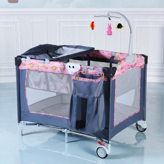 Foldable 2 Color Baby Crib Playpen Playard-Pink - Color: Pink