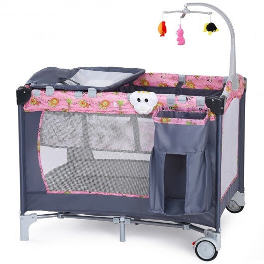 Foldable 2 Color Baby Crib Playpen Playard-Pink - Color: Pink