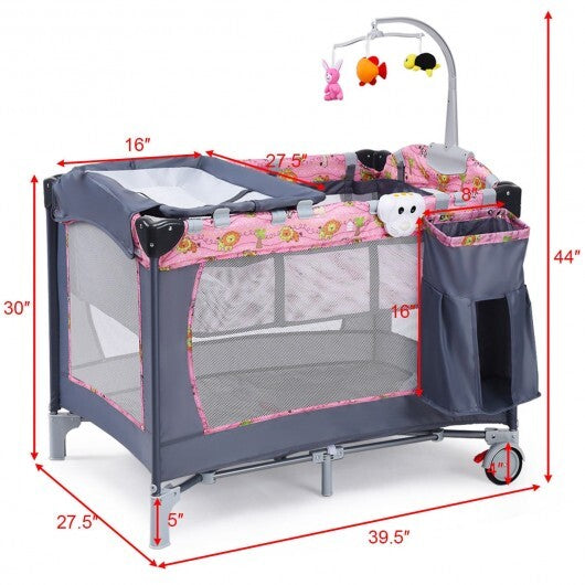 Foldable 2 Color Baby Crib Playpen Playard-Pink - Color: Pink