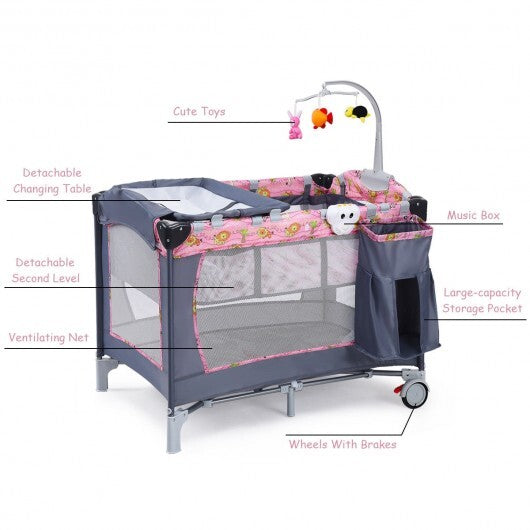 Foldable 2 Color Baby Crib Playpen Playard-Pink - Color: Pink