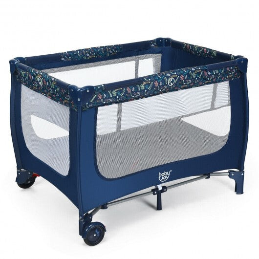 Portable Baby Playpen with Mattress Foldable Design-Blue - Color: Blue