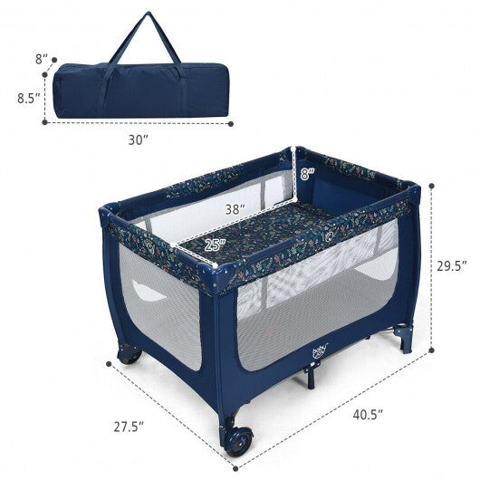 Portable Baby Playpen with Mattress Foldable Design-Blue - Color: Blue