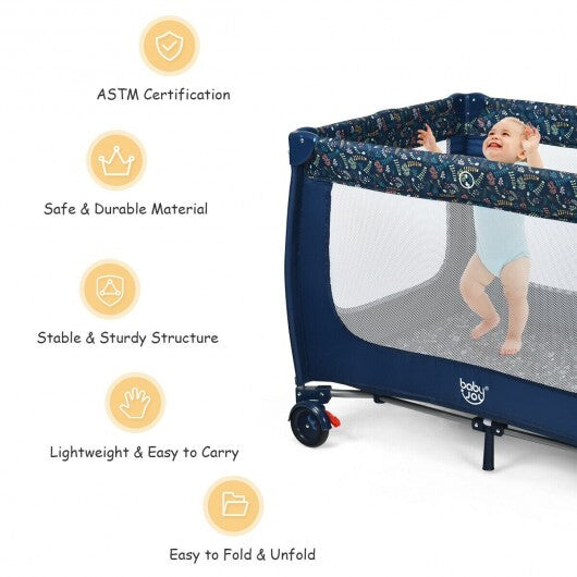 Portable Baby Playpen with Mattress Foldable Design-Blue - Color: Blue