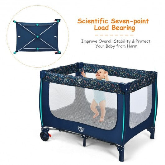 Portable Baby Playpen with Mattress Foldable Design-Blue - Color: Blue