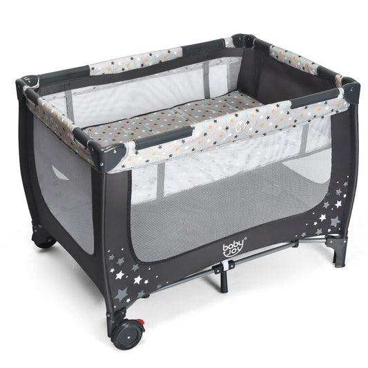 Portable Baby Playpen with Mattress Foldable Design-Gray - Color: Gray