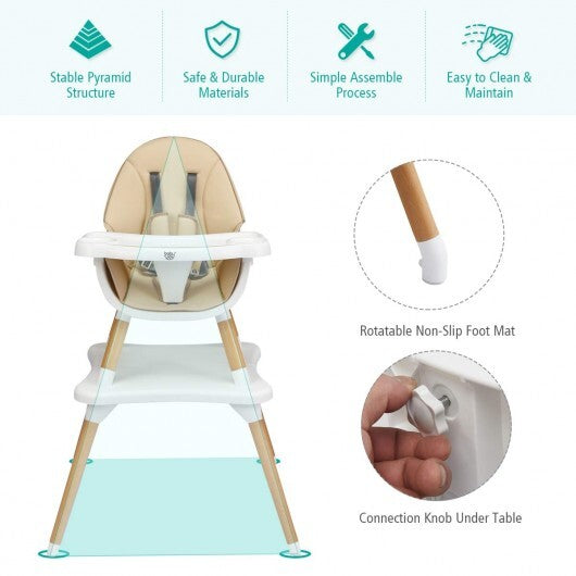 5-in-1 Baby Wooden Convertible High Chair -Khaki - Color: Beige