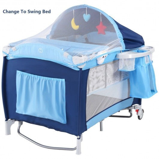 Foldable Baby Crib Playpen with Mosquito Net and Bag-Blue - Color: Blue