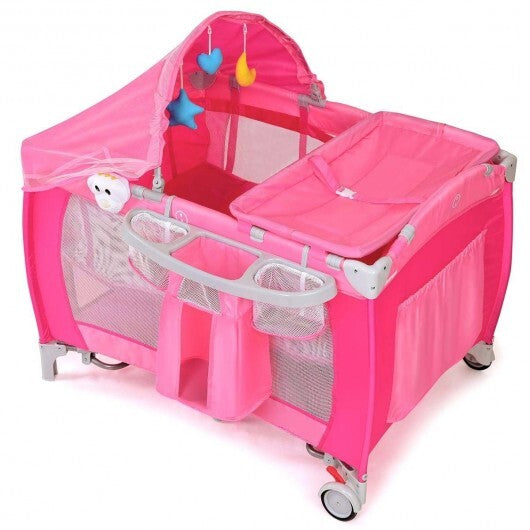 Foldable Baby Crib Playpen with Mosquito Net and Bag-Pink - Color: Pink