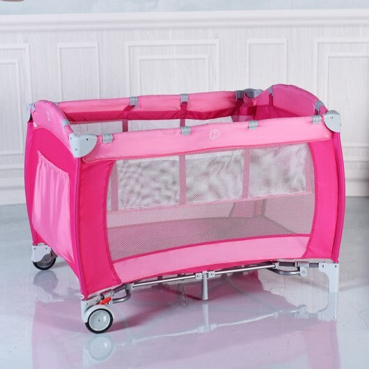 Foldable Baby Crib Playpen with Mosquito Net and Bag-Pink - Color: Pink