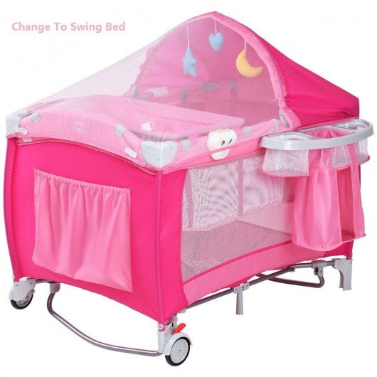 Foldable Baby Crib Playpen with Mosquito Net and Bag-Pink - Color: Pink