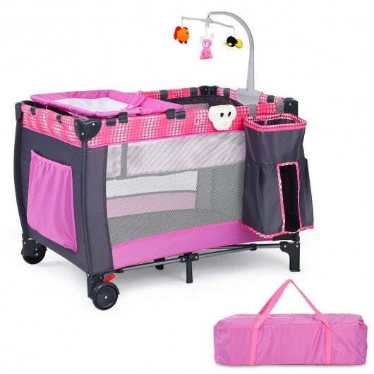 Foldable Travel Baby Crib Playpen Infant Bassinet Bed with Carry Bag-Pink - Color: Pink