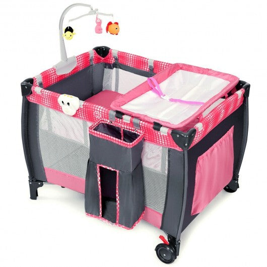 Foldable Travel Baby Crib Playpen Infant Bassinet Bed with Carry Bag-Pink - Color: Pink