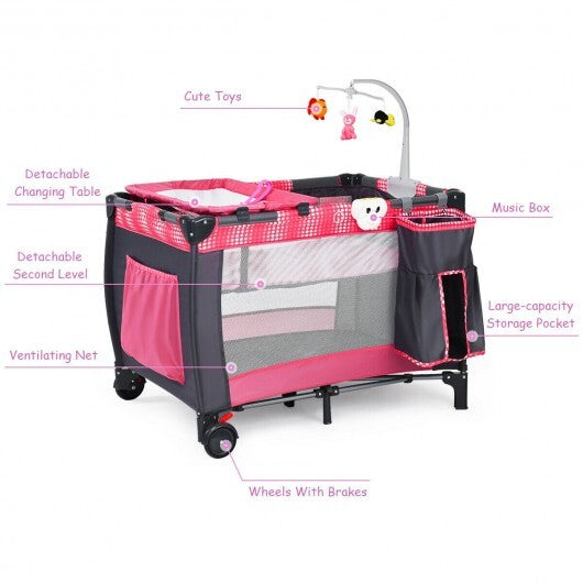 Foldable Travel Baby Crib Playpen Infant Bassinet Bed with Carry Bag-Pink - Color: Pink