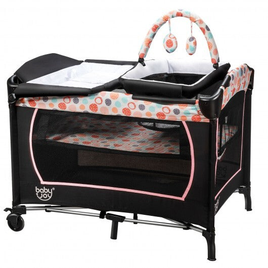 4-in-1 Convertible Portable Baby Playard with Changing Station-Pink - Color: Pink