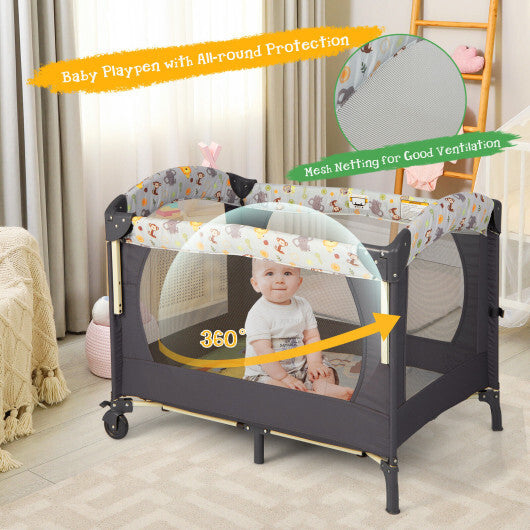 3-in-1 Convertible Portable Baby Playard with Music Box and Wheel and Brakes-Dark Gray - Color: Dark Gray