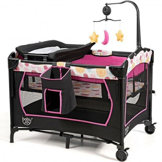 3-in-1 Convertible Portable Baby Playard with Music Box and Wheel and Brakes-Pink - Color: Pink