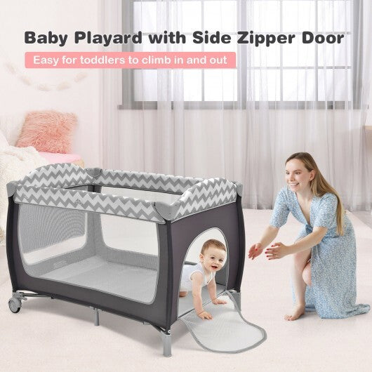 3-in-1 Portable Baby Playard with Zippered Door and Toy Bar-Gray - Color: Gray