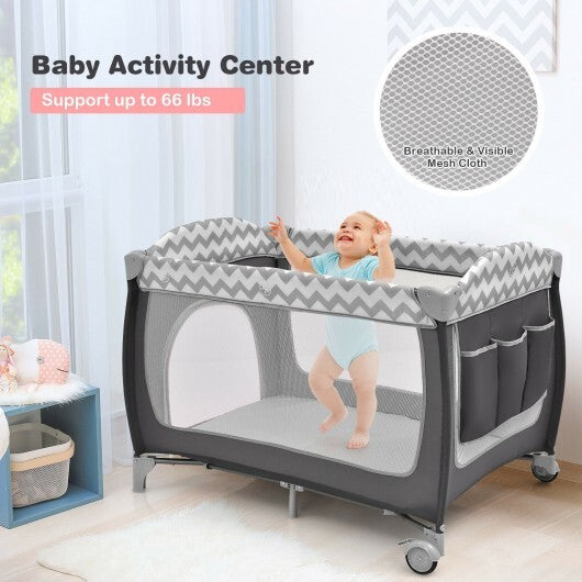 3-in-1 Portable Baby Playard with Zippered Door and Toy Bar-Gray - Color: Gray