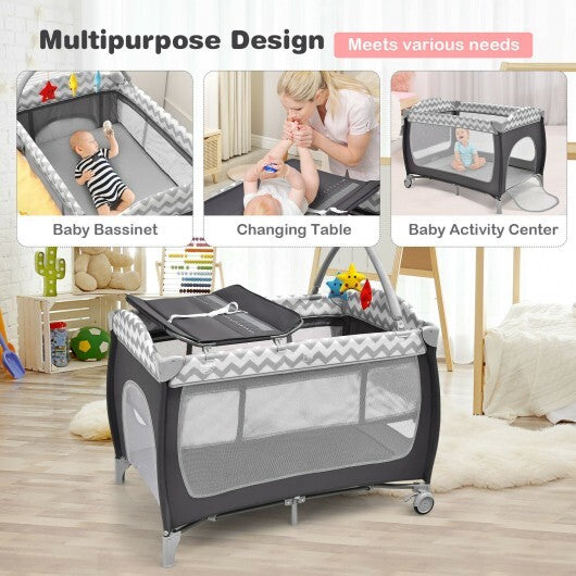 3-in-1 Portable Baby Playard with Zippered Door and Toy Bar-Gray - Color: Gray