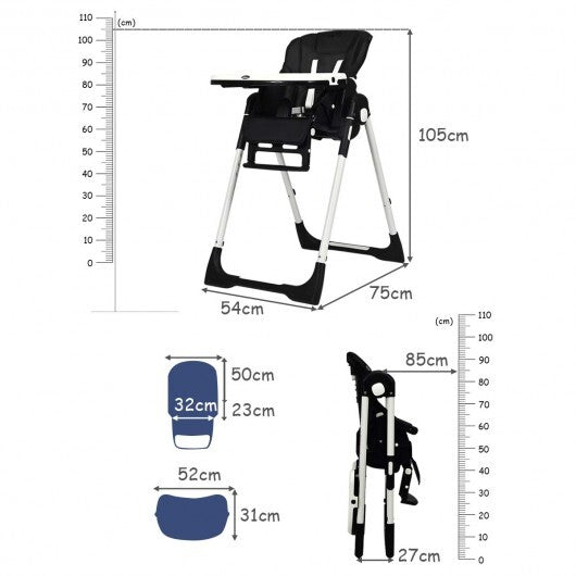 Foldable High chair with Multiple Adjustable Backrest-Black - Color: Black