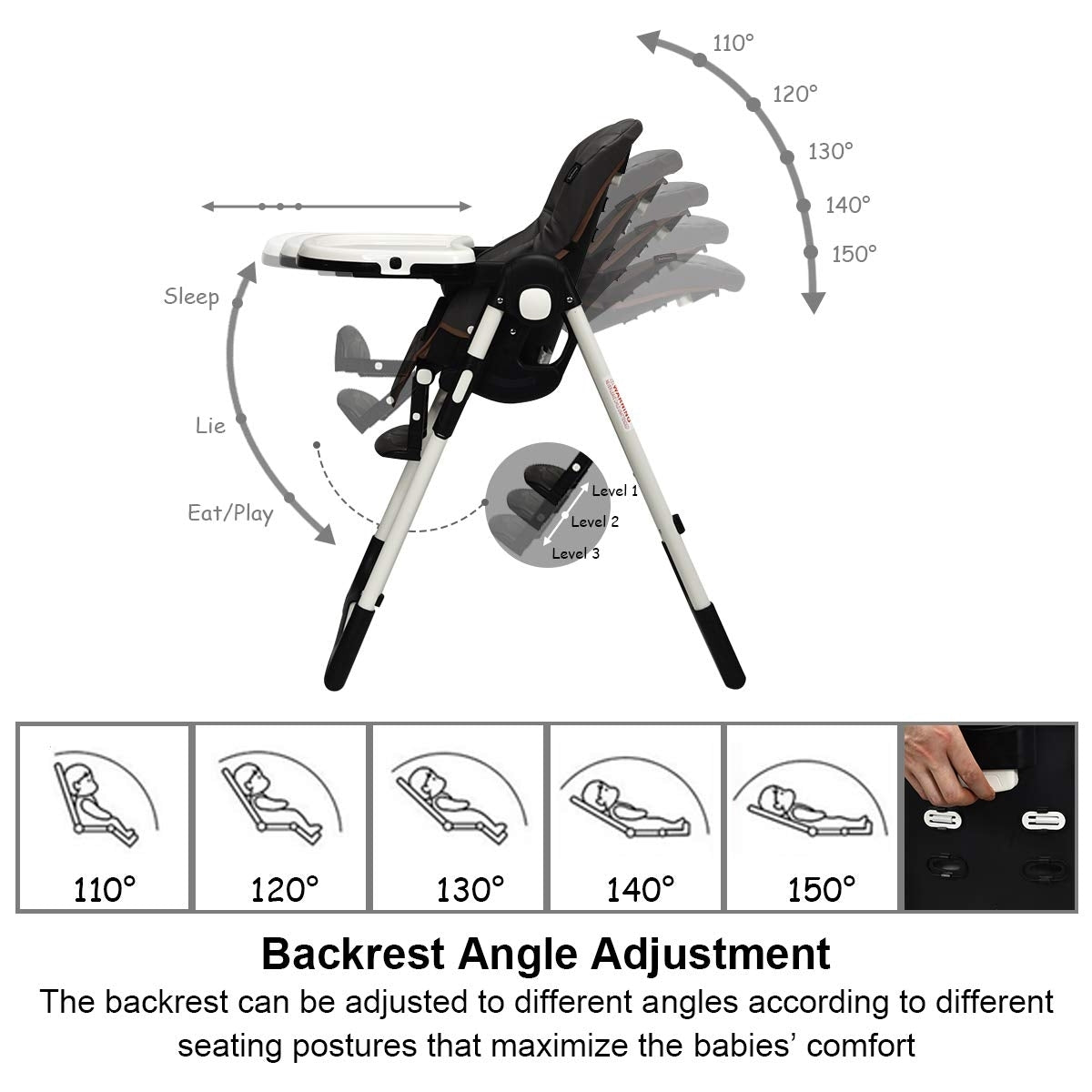 Foldable High chair with Multiple Adjustable Backrest-Dark Gray - Color: Dark Gray