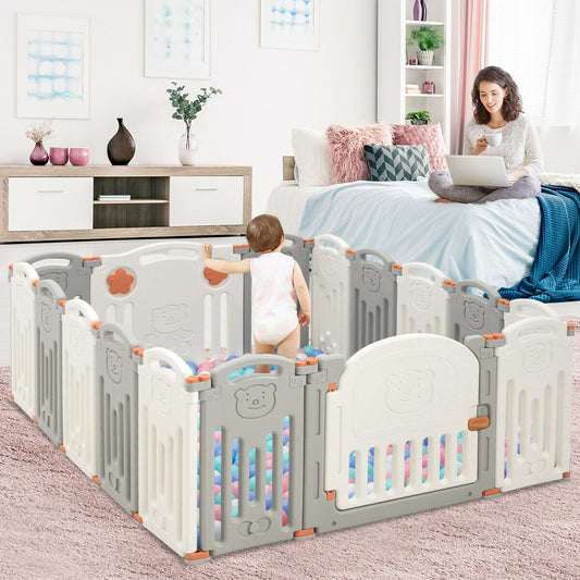 16 Panel Activity Safety Baby Playpen w/ Lock Door-Beige - Color: Beige