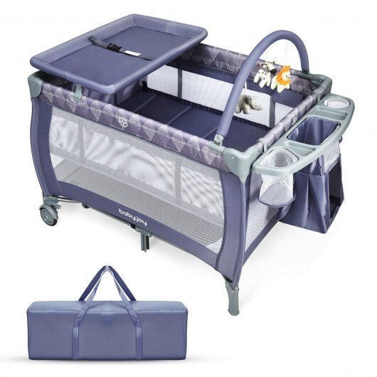 Portable Foldable Baby Playard Nursery Center with Changing Station-Gray - Color: Gray