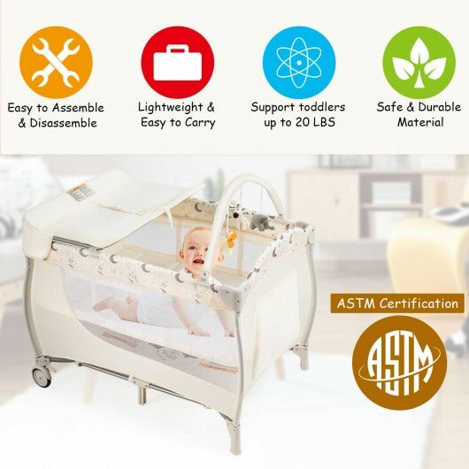 Foldable Safety  Baby Playard for Toddler Infant with Changing Station-Beige - Color: Beige