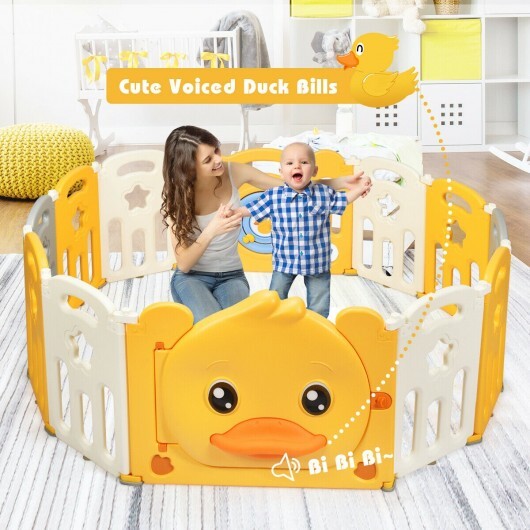 12-Panel Foldable Baby Playpen with Sound - Color: Yellow - Size: 12-Panel