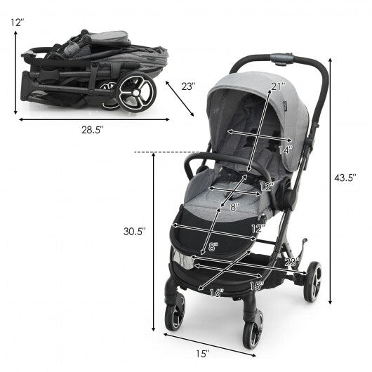 High Landscape Foldable Baby Stroller with Reversible Reclining Seat-Gray - Color: Gray