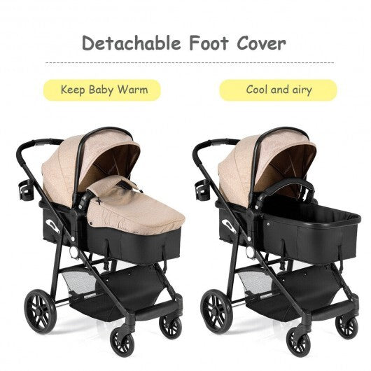 2-in-1 Foldable Pushchair Newborn Infant Baby Stroller-Coffee - Color: Light Brown