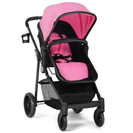 2-in-1 Foldable Pushchair Newborn Infant Baby Stroller-Pink - Color: Pink