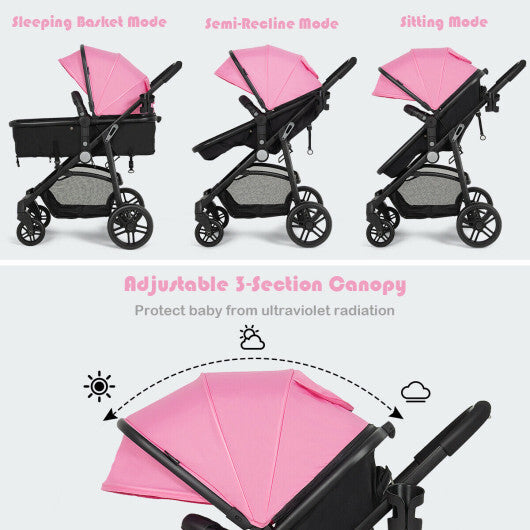 2-in-1 Foldable Pushchair Newborn Infant Baby Stroller-Pink - Color: Pink