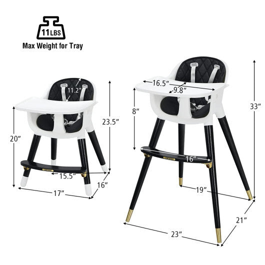 3-In-1 Adjustable Baby High Chair with Soft Seat Cushion for Toddlers-Black - Color: Black