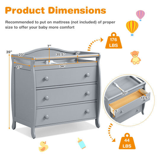 Baby Changing Table Infant Diaper with 3 Drawers and Safety Belt-Gray - Color: Gray