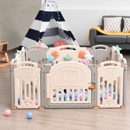 Foldable Baby Playpen 14 Panel Activity Center Safety Play Yard-Beige - Color: Beige