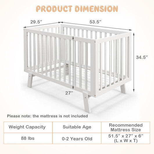 Rubber Wood Baby Crib with Adjustable Mattress Heights and Guardrails-White - Color: White