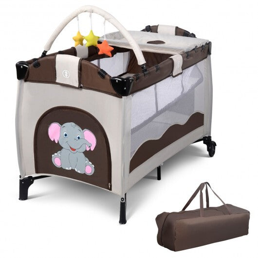 Baby Crib Playpen Playard Pack Travel Infant Bassinet Bed Foldable 4 color-COFFEE - Color: Dark Brown