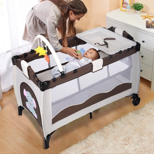 Baby Crib Playpen Playard Pack Travel Infant Bassinet Bed Foldable 4 color-COFFEE - Color: Dark Brown