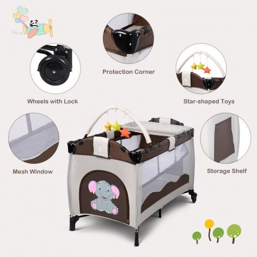 Baby Crib Playpen Playard Pack Travel Infant Bassinet Bed Foldable 4 color-COFFEE - Color: Dark Brown