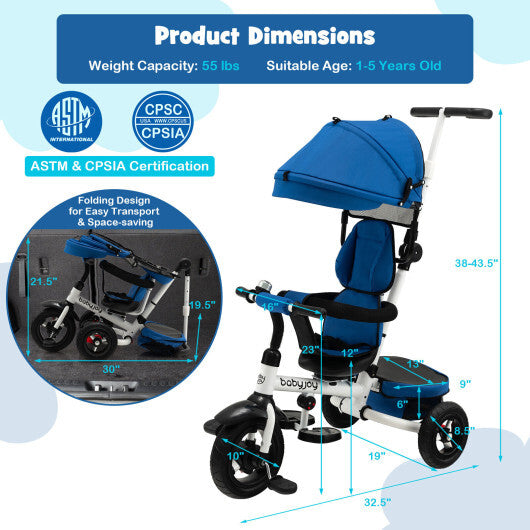 Folding Tricycle Baby Stroller with Reversible Seat and Adjustable Canopy-Blue - Color: Blue