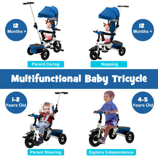 Folding Tricycle Baby Stroller with Reversible Seat and Adjustable Canopy-Blue - Color: Blue