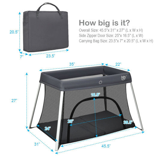 Lightweight Foldable Baby Playpen w/ Carry Bag-Dark Gray - Color: Dark Gray