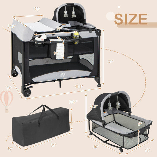 5-in-1 Portable Baby Playard with Cradle and Storage Basket-Black - Color: Black