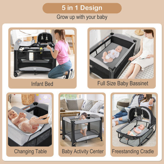 5-in-1 Portable Baby Playard with Cradle and Storage Basket-Black - Color: Black