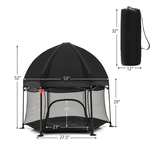 53 Inch Outdoor Baby Playpen with Canopy and Carrying Bag Portable Play Yard Toddlers-Black - Color: Black