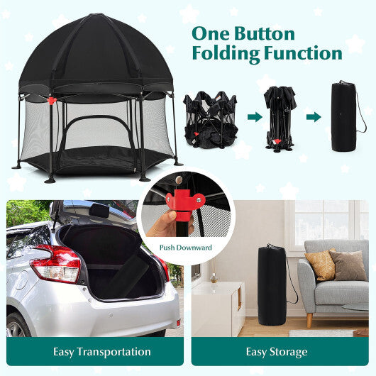 53 Inch Outdoor Baby Playpen with Canopy and Carrying Bag Portable Play Yard Toddlers-Black - Color: Black