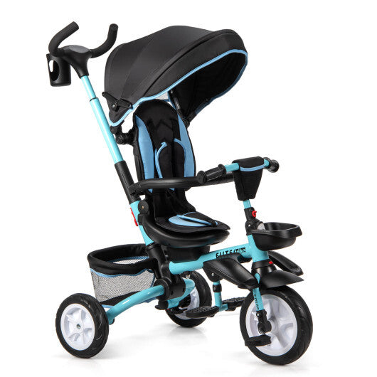 6-in-1 Detachable Kids Baby Stroller Tricycle with Canopy and Safety Harness-Blue - Color: Blue