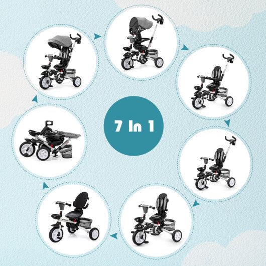 6-in-1 Detachable Kids Baby Stroller Tricycle with Canopy and Safety Harness-Gray - Color: Gray